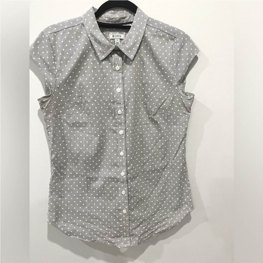 White & Gray Pinstriped + Square Polka Dot Button-Up Collared Short Sleeve Shirt